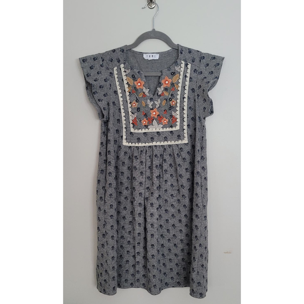 THML Gray Mini Dress with Orange Floral Embroidery